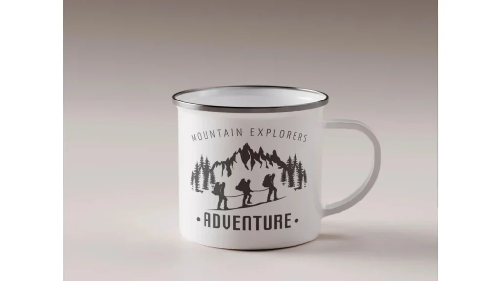 360 Camper Mug Mockup- a camper mug that has a graphic design of 3 mountainers hiking the mountain with a ski