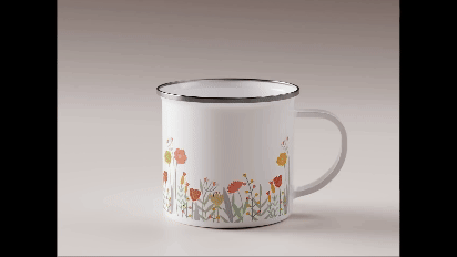 360 Camper Mug Mockup- a camper mug that has a graphic design of 3 mountainers hiking the mountain with a ski