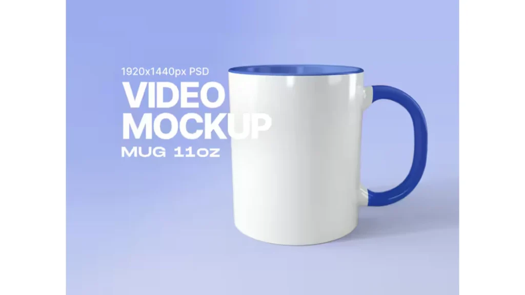 3D Spinning Mug Mockup- a mug with a colored blue handle and rim with a plain blue background and a specification text of the video mockup