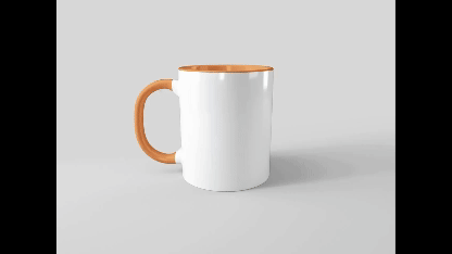 3D Spinning Mug Mockup- a mug with a colored blue handle and rim with a plain blue background and a specification text of the video mockup