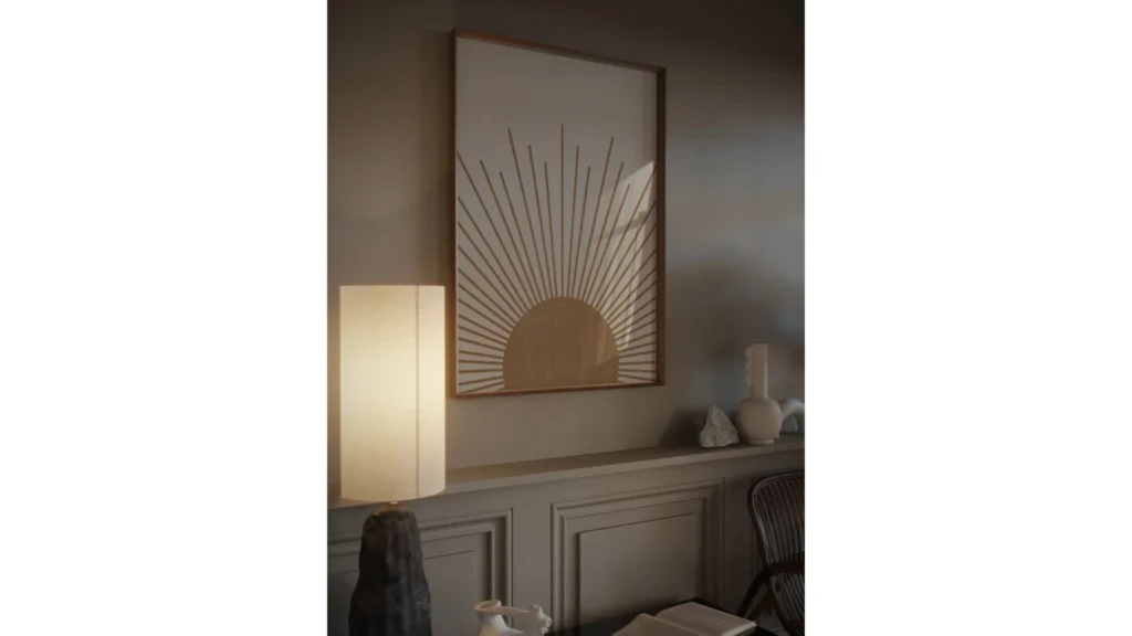 Aesthetic Wall-Mounted Frame Mockup- a wall-mounted frame with a canvas of rays of sun with a background of a plain wall