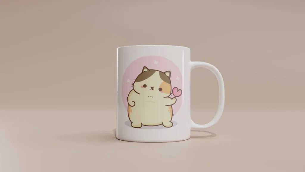 Animated 360 Mug Mockup- a mug with a design of a animated cat holding a heart