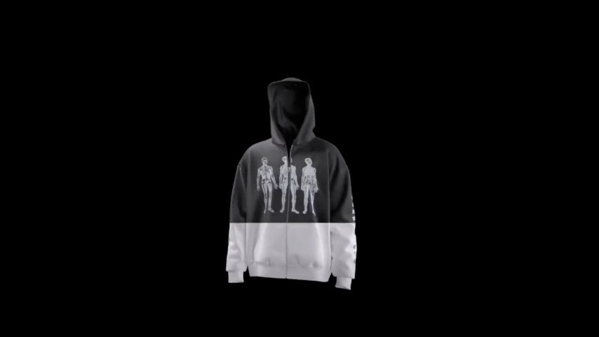 B&W 360 3D Zipper-Hoodie Mockup- Black and white hoodie with a graphic design of human anatomy.