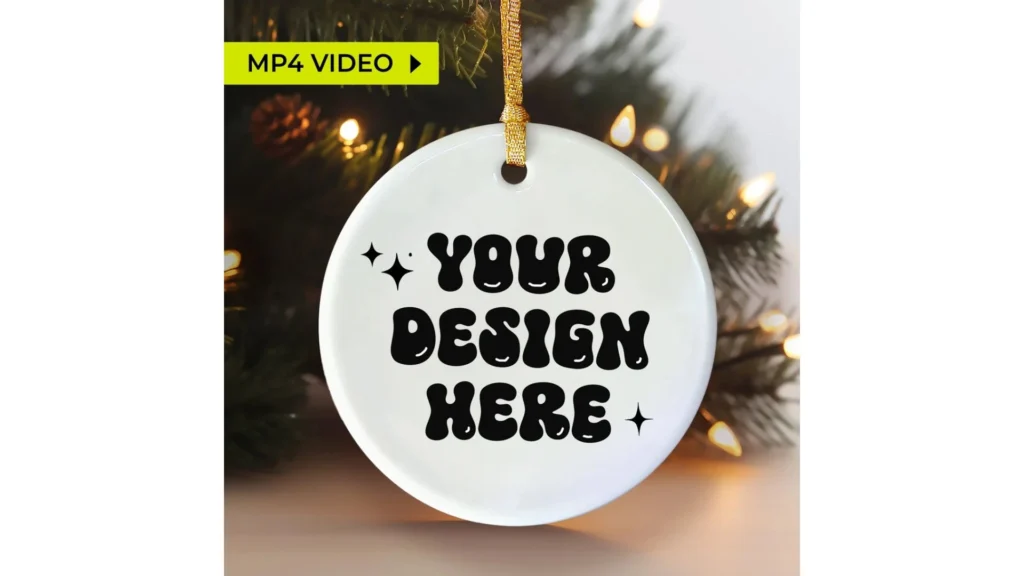 Blinking Christmas Light Ornament Mockup- Christmas Ornament with a background of Christmas tree and blinking lights