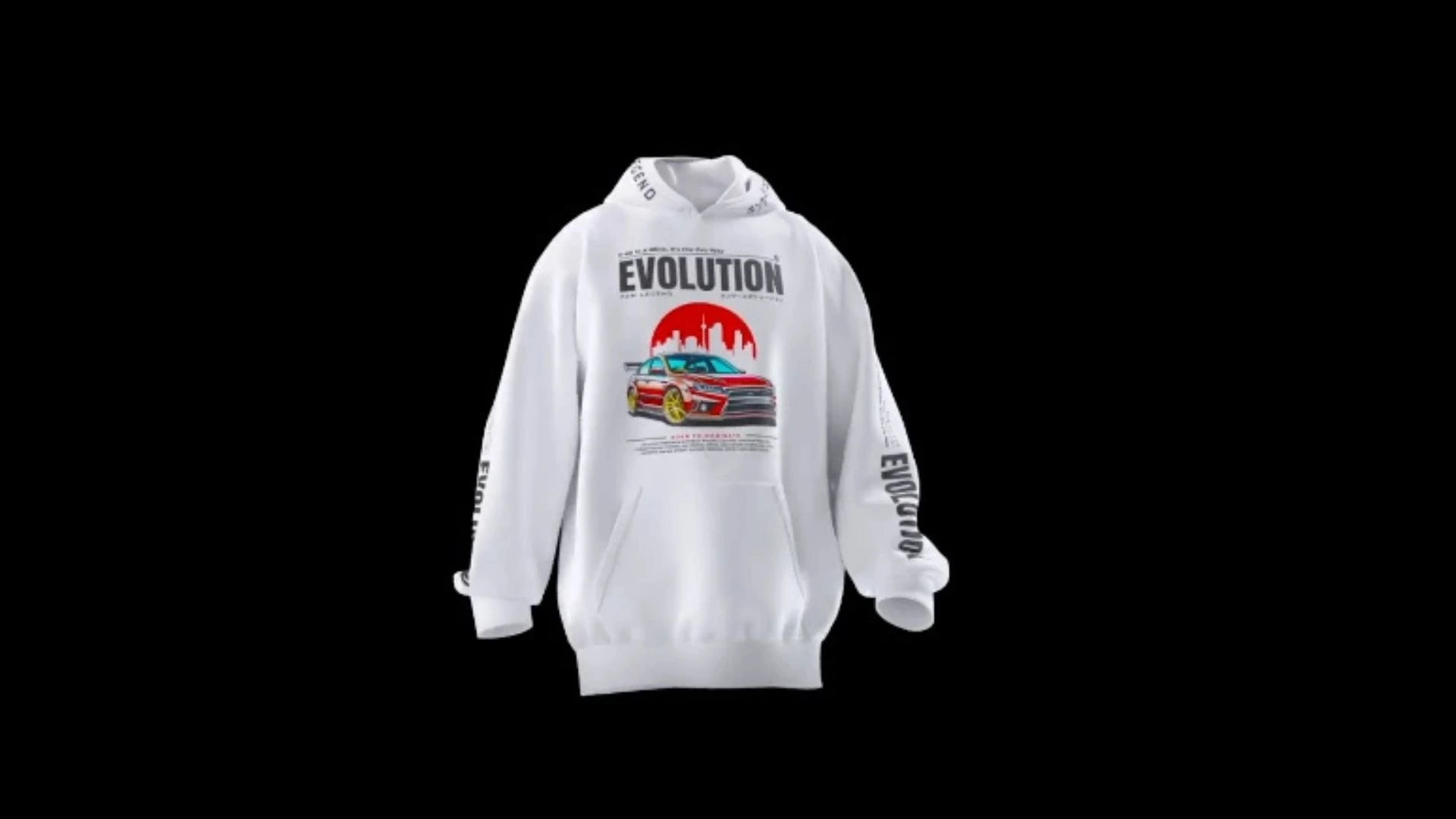 Bouncing-360-White Hoodie-Mockup- White hoodie with a graphic design of red car and 