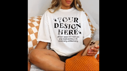 Cozy Crewneck T-shirt Mockup- a girl sitting holding a cellphone