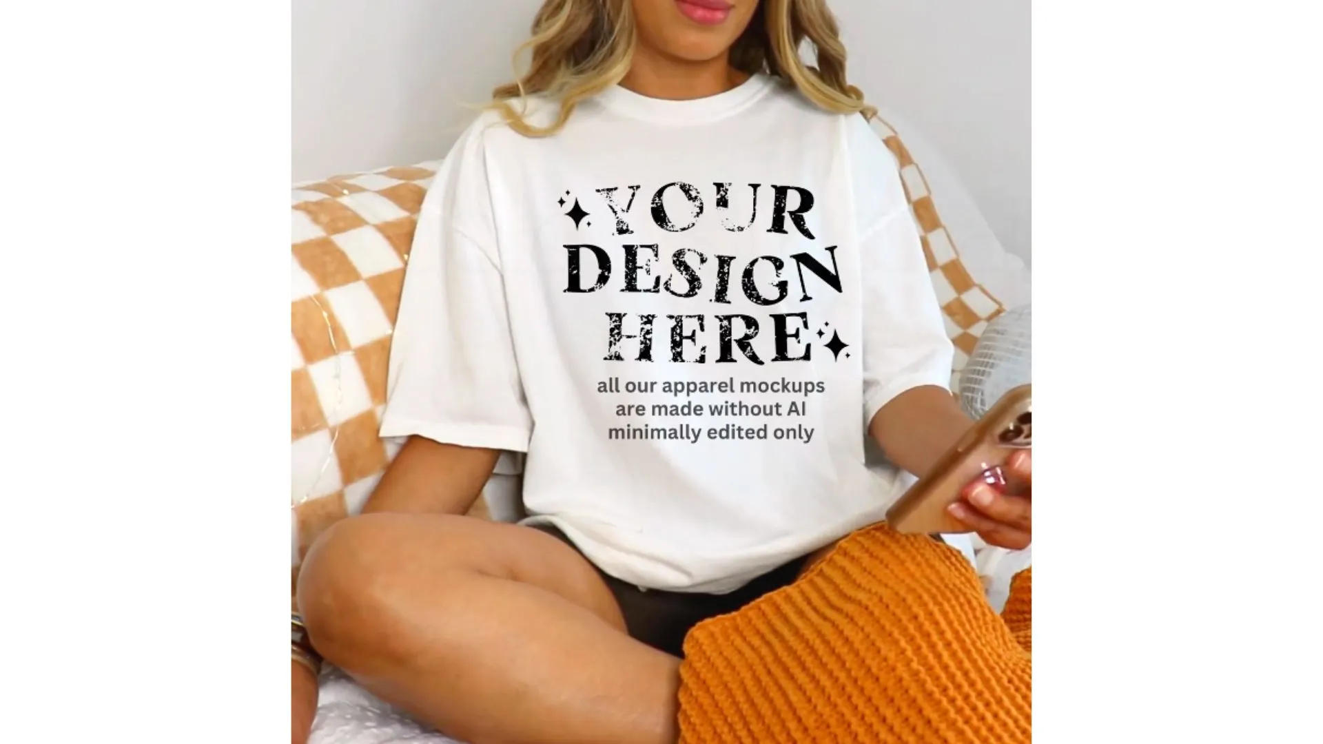 Cozy Crewneck T-shirt Mockup- a girl sitting holding a cellphone