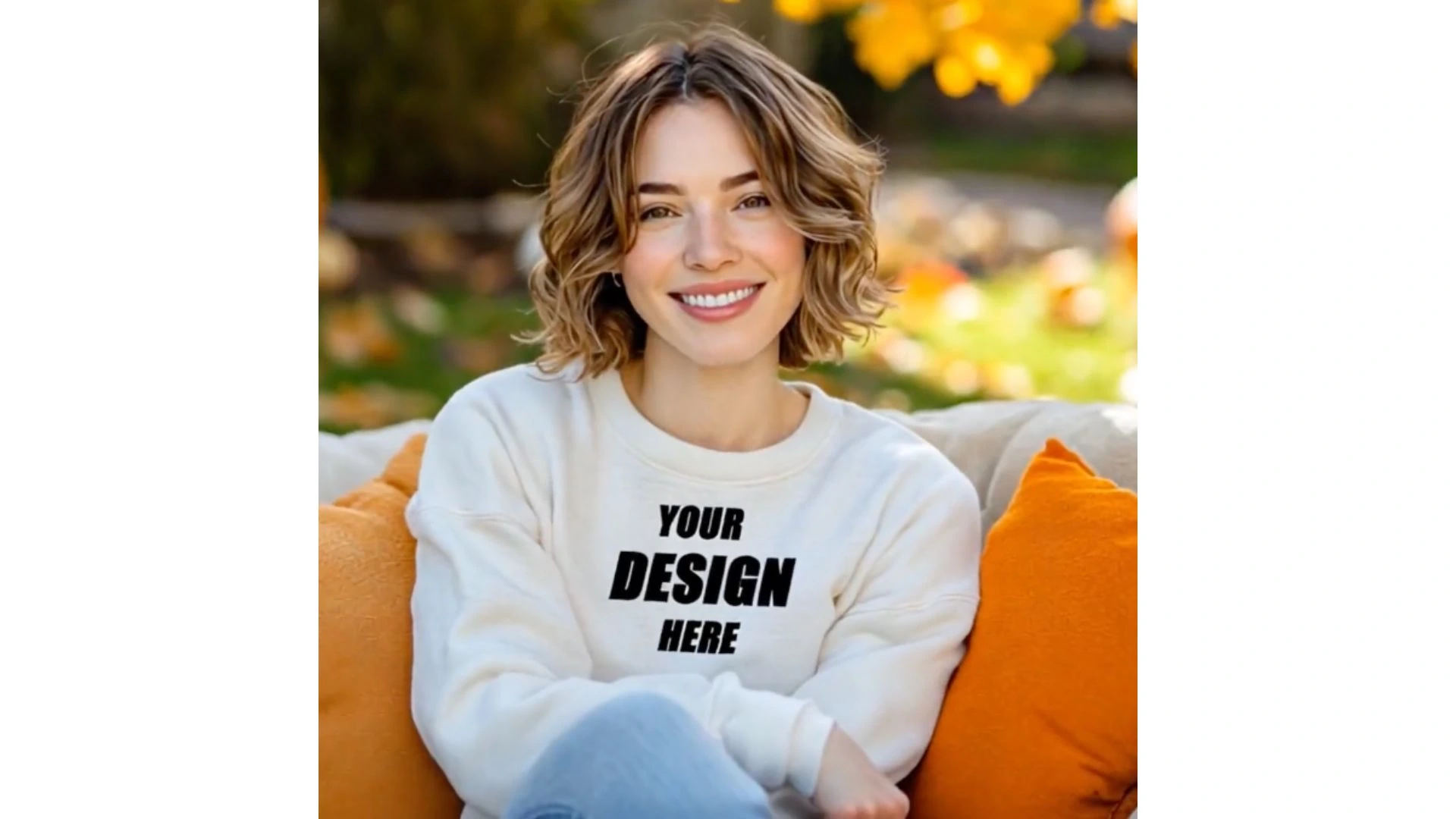 Editable Sweatshirt Mockup- a girl sitting in a couch with pillows beside her with a background of falls season