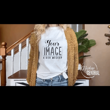 Female model wearing a white T-shirt Mockup- a girl standing with a background of a plant and stairs