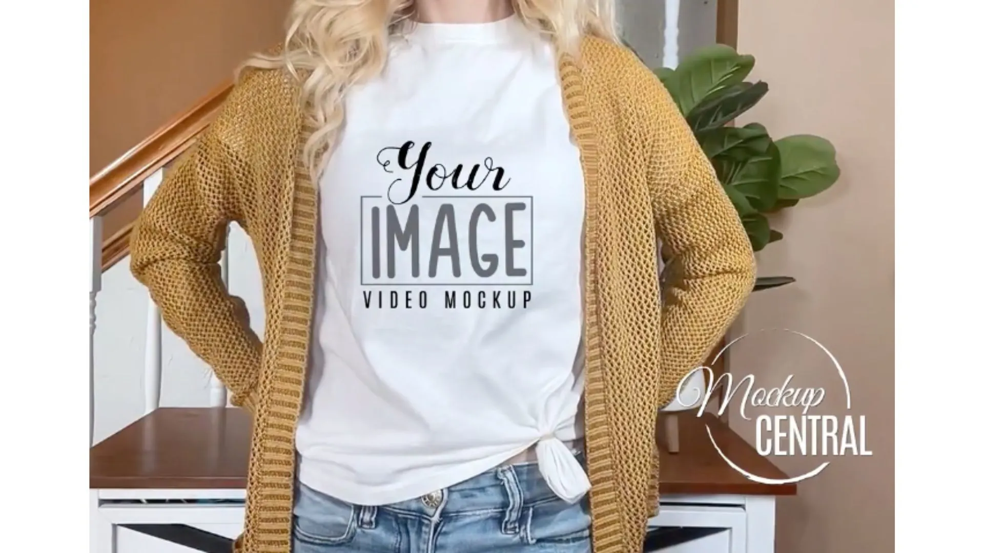 Female model wearing a white T-shirt Mockup- a girl standing with a background of a plant and stairs