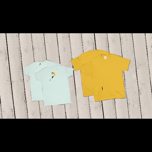 Front & Back Graphic T-shirt Mockup Design- two difference graphic t-shirts laying down on the panel boards