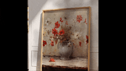 Leaning-on-the-Wall Art Wooden Frame Mockup- a frame with a canvas of flower vase and beautiful flowers with a background of a wall and lighting of sunrays