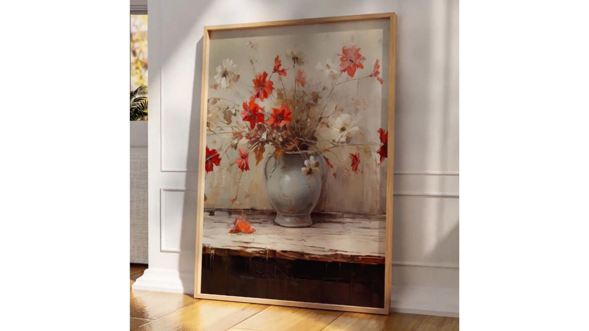 Leaning-on-the-Wall Art Wooden Frame Mockup- a frame with a canvas of flower vase and beautiful flowers with a background of a wall and lighting of sunrays