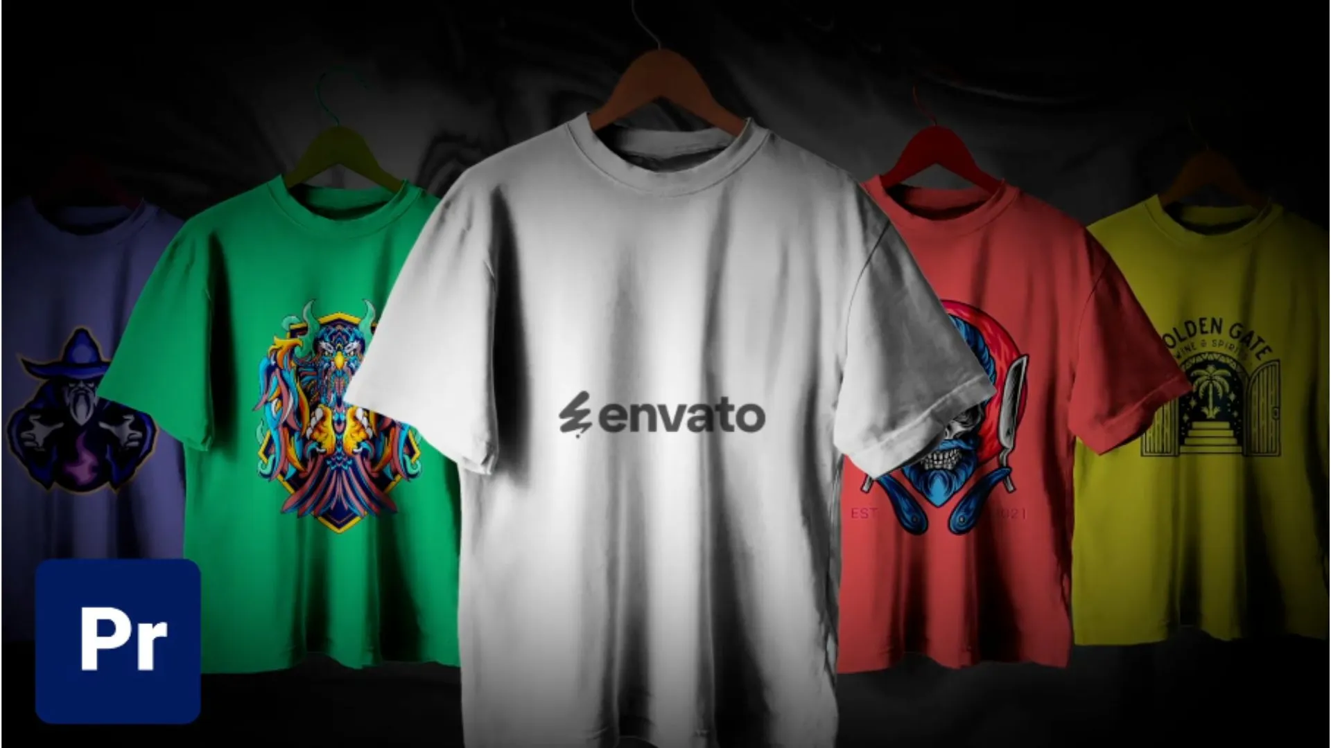 Multi-Color Graphic T-shirt Mockup- dark background with multiple different colors of t-shirts with graphic designs