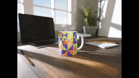 Office Design Mug Mockup with Steam Effects- a mug with graphic design of dog with a background of office setup