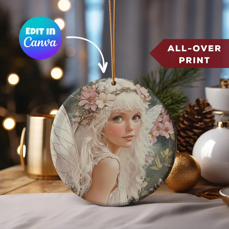 Ornament Mockups | Elevate Your Holiday Design- an ornament with graphic design of fairy with a back ground of christmas balls and decorations