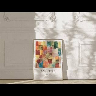 Portrait Wall Art Frame Mockup- a frame with an abstract canvas that is leaning on a wall with sunshine on it