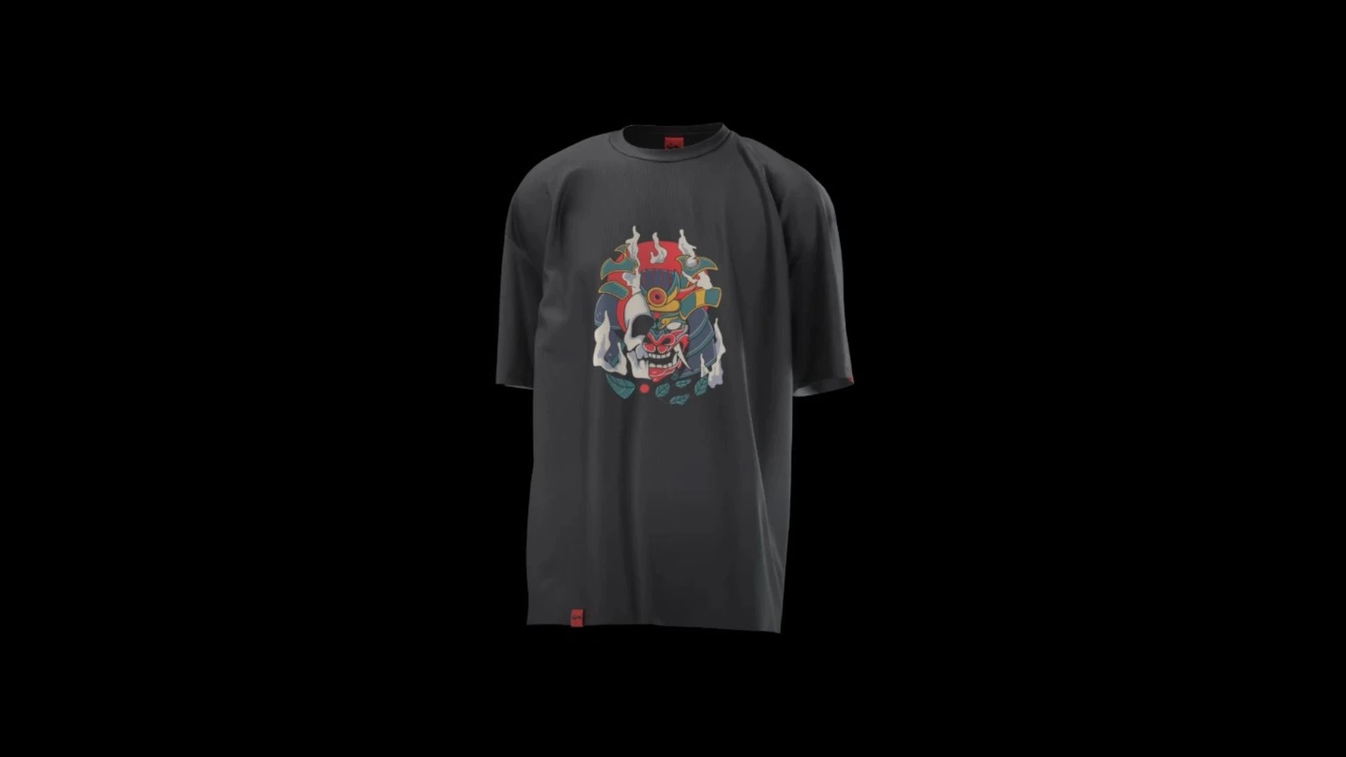 Rotating 360 T-Shirt Mockup Designs- graphic t-shirt design of half-face skeleton and Japanese Oni mask