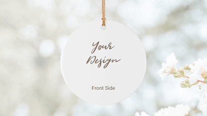 Rotating 360 Ornament Mockup- a floating ornament that has a blurred background and a flower beside the ornament