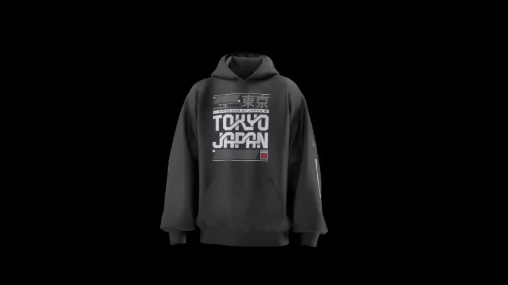 Rotating 3D Hoodie Mockup Black- Black hoodie with a graphic design of "Tokyo Japan"