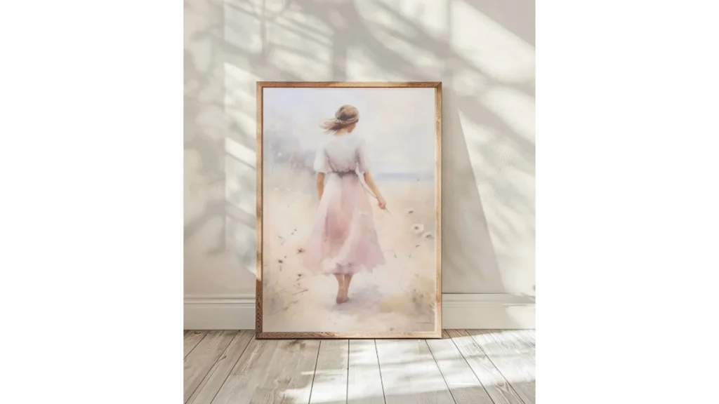 Varnished Wooden Wall Art Frame Mockup- a frame with a canvas of a girl's back in a dress with a plain wall and effects of sunshine in the frame