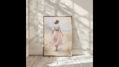 Varnished Wooden Wall Art Frame Mockup- a frame with a canvas of a girl's back in a dress with a plain wall and effects of sunshine in the frame