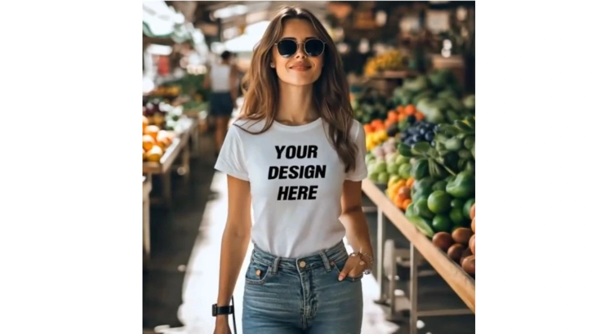 White Simple T-shirt Mockup- a beautiful girl wearing shades and with a background of fruit stand