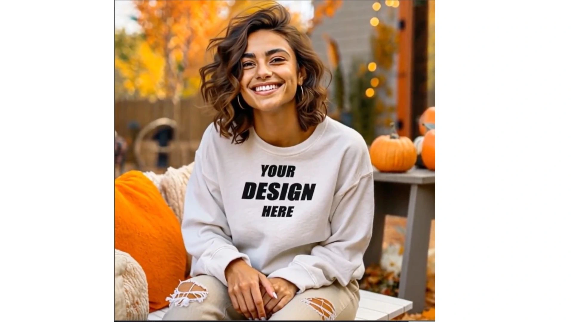 White Sweatshirt Mockup Design- a girl sitting and smiling wearing sweatshirt and a background of pumpkin on the side of the table