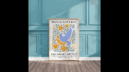 Wooden Wall Art Frame Mockup a frame that has a canvas of bird and a background of light blue wall with effects of sunshine on the frame