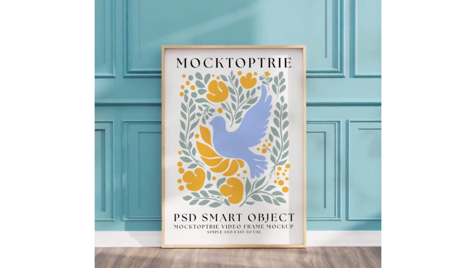 Wooden Wall Art Frame Mockup a frame that has a canvas of bird and a background of light blue wall with effects of sunshine on the frame